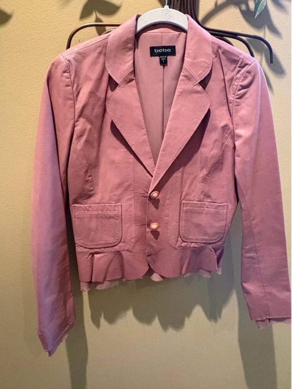 Y2K Bebe Pink Leather Ruffle Blazer Jacket – Size Small